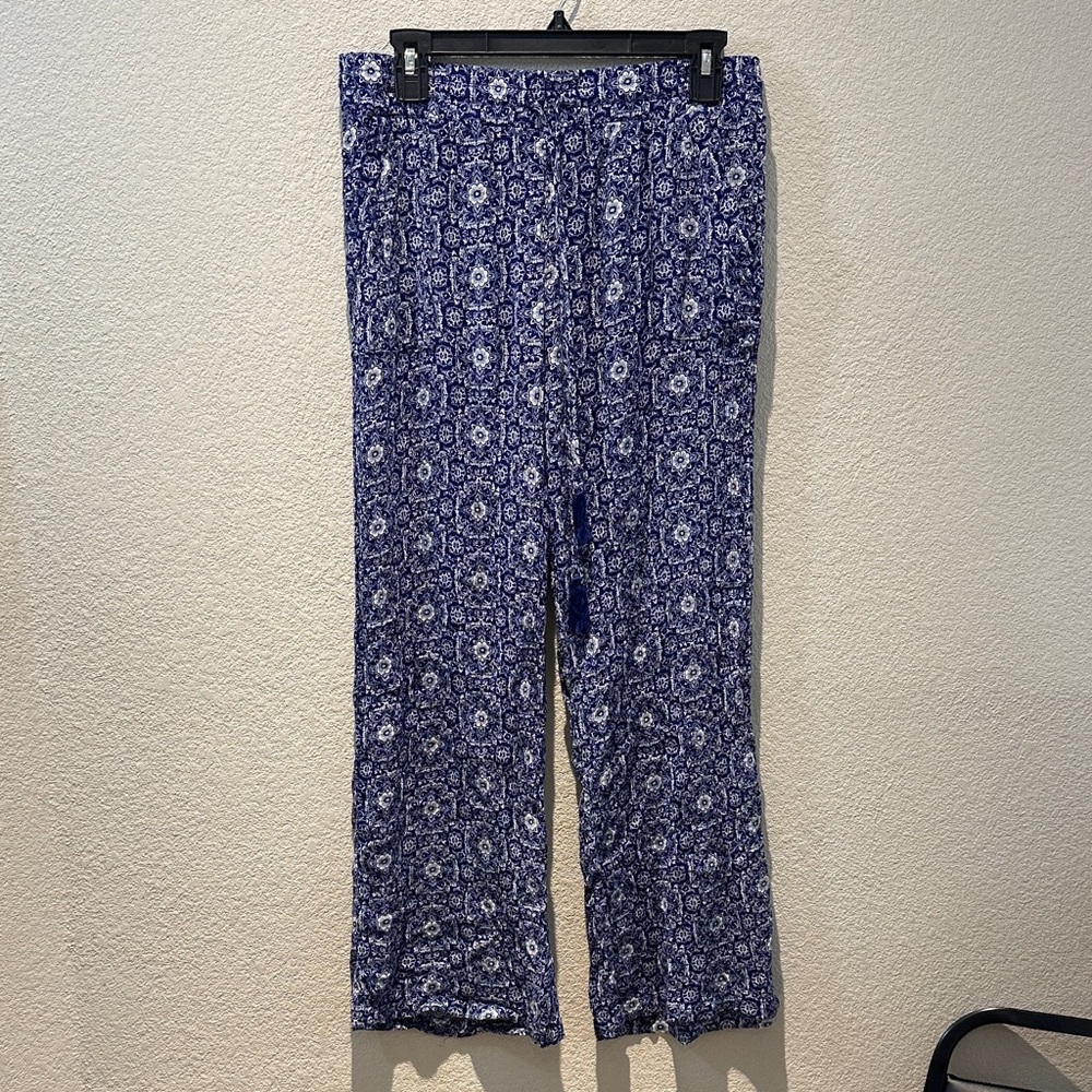 Zoe+Phoebe Women's Blue Printed Wide-Leg Pants Size Petite Large
